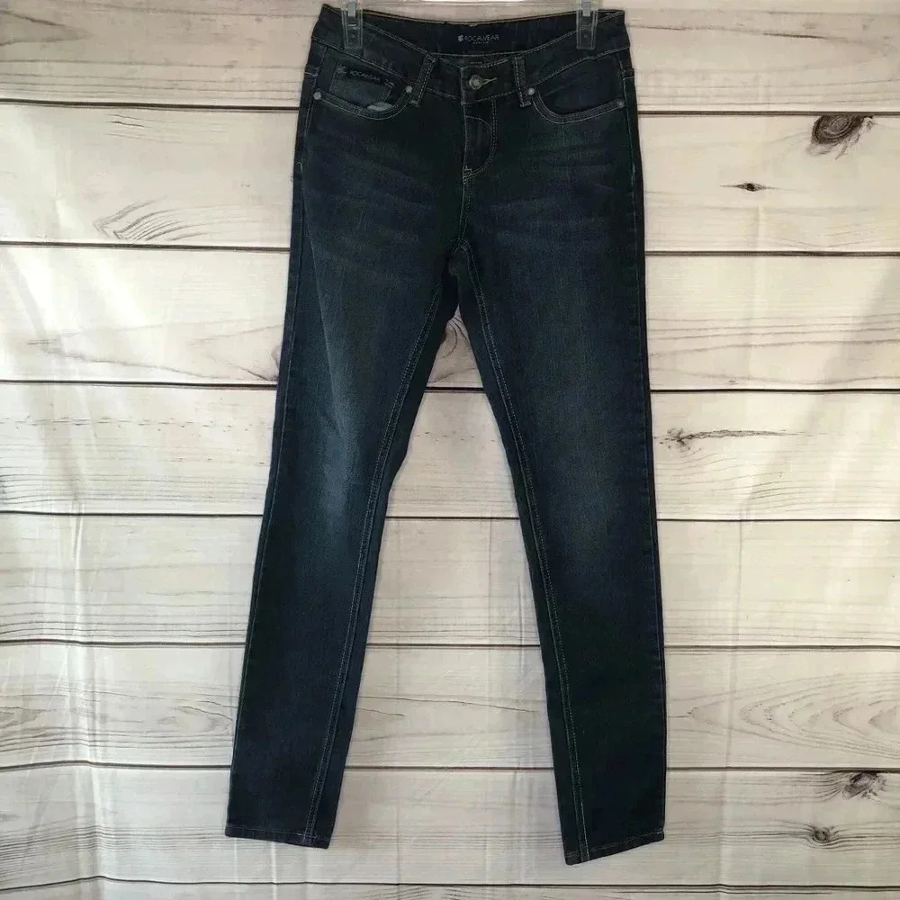 Rocawear Skinny Jeans Women‎ 5 Dark Wash Studded Logo Patch Y2K Streetwear Denim